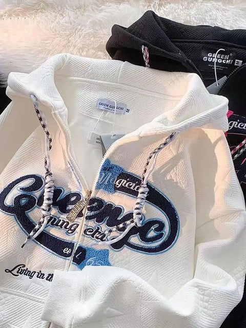 Embroidered Hoodies Y2k Women Streetwear Spring Autumn Knited Jackets Oversized Women Sweatshirt Zip Hoodies Kakazzy Cardigan