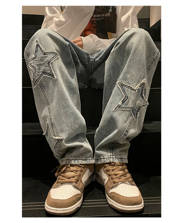 Star Embroidery Straight Casual Men Jeans Gothic Neutral New Wide Leg Loose Hip-hop Fashion Youth Streetwear Denim Trousers Y2K