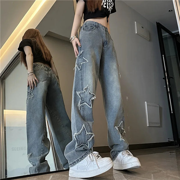 Blue Embroidered Jeans Women, Spring and Autumn New Design, Niche Loose Straight Wide-Leg Pants Trend
