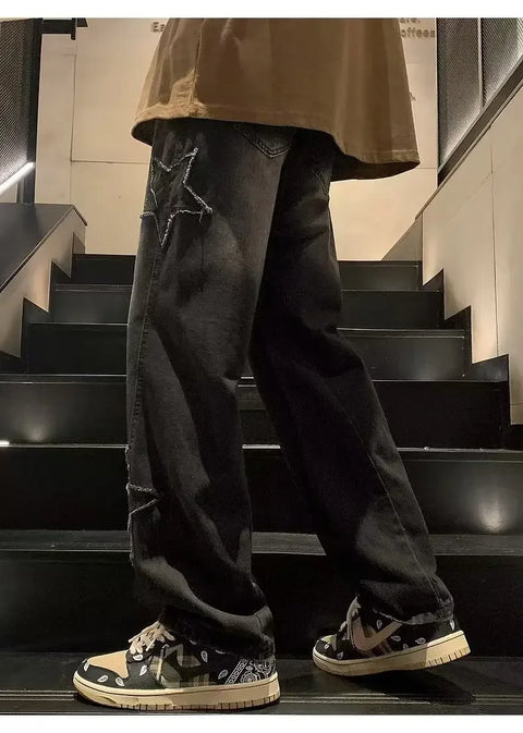 American High Street Style Men's Jeans Autumn Winter Straight Leg Loose Floor-Length Wide Leg Pants Casual Fashion