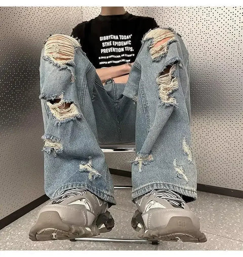 Vintage Distressed Straight-leg Jeans American Style Slimming Bell Bottoms Loose Fit High-waisted Summer Thin Version For Men
