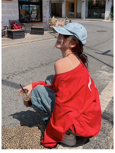 T-Shirts Women Off-shoulder Loose Fit Lazy Style All-match Young Students High Street Korean Fashion Spring Daily Tops Trendy