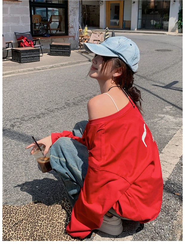 T-Shirts Women Off-shoulder Loose Fit Lazy Style All-match Young Students High Street Korean Fashion Spring Daily Tops Trendy