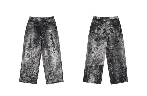 Retro Cashew Flower Digital Print Jeans Y2k Men’s Jeans Men Clothing Distressed Pants