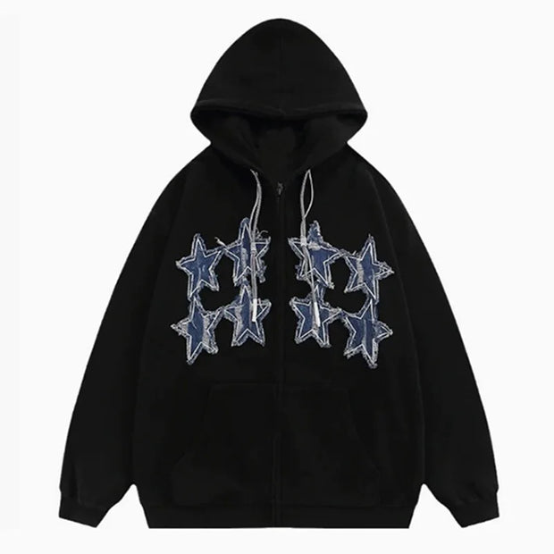 MWJQ American Retro Patch Embroidery Male Hooded Sweatershirt High Street Zipper Oversize Trend Black Casual Men's Tops 010204