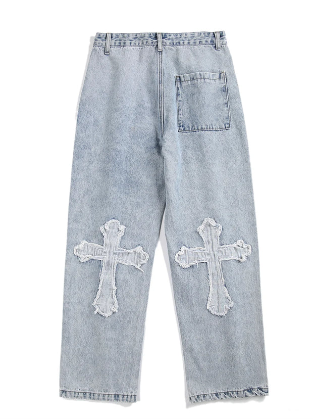 High Street Jeans Men Cross Graphic Baggy Denim Pants Unisex Young Streetwear Blue Loose Punk Casual Fashion Y2k Trousers Summer