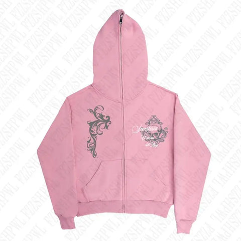 Dark Faux Fur Collar Harajuku Punk Y2K Zip up hoodie High street Skull Zipper Hoodie sweatshirt Retro Hip Hop Top Gothic Jacket