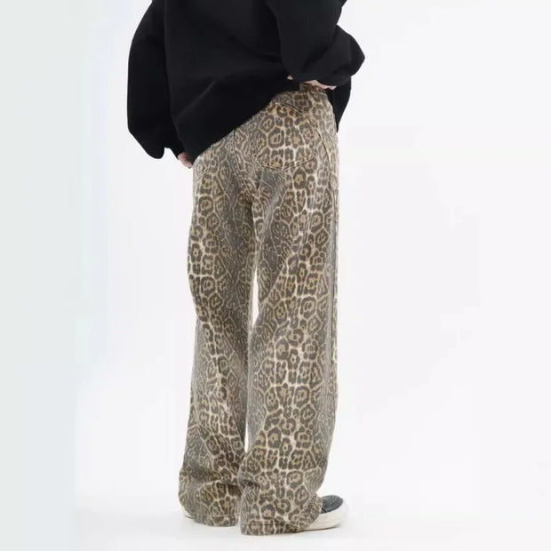 American Retro Leopard High Waist Baggy Jeans Womens Casual Pockets Hip-hop Pants 2024 Spring Y2K Oversize Panther Denim Trouser