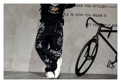 American Hip Hop Baggy Jeans Mens Clothing Streetwear Paint Graffiti Black Skateboard Street Dance Pants Kpop Denim Trousers