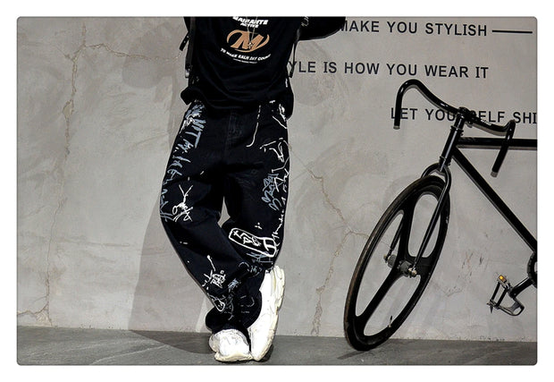 American Hip Hop Baggy Jeans Mens Clothing Streetwear Paint Graffiti Black Skateboard Street Dance Pants Kpop Denim Trousers