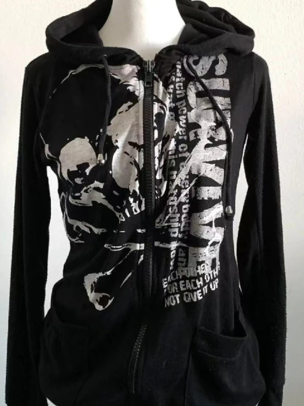 American Retro Print Punk Blouse Long Sleeves Y2k Top Women Hip Hop Zipper T-shirt Hooded Sweatshirt Spring European Fashion