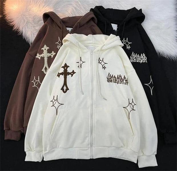 Embroidered Vintage Cardigan Jacket Autumn Winter Hip Hop Hoodie Men and Women Y2K Coat Goth High Street Retro Hoodies Loose Top