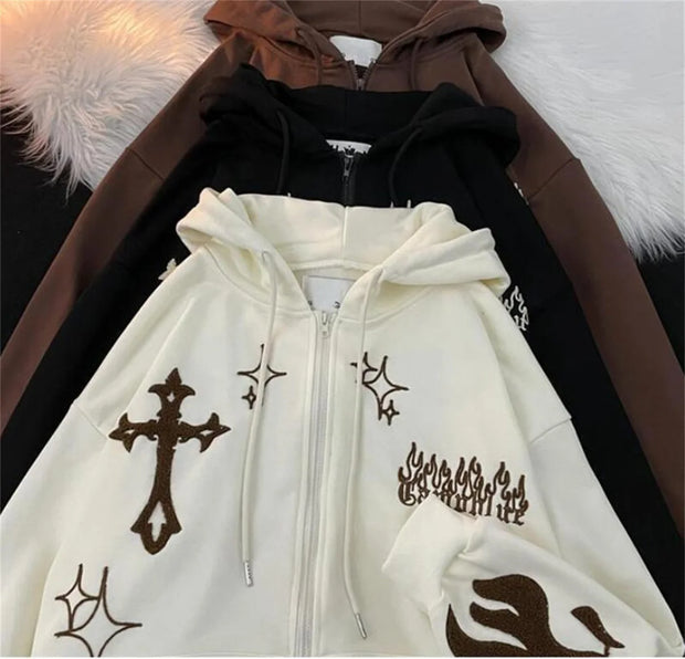 Embroidered Vintage Cardigan Jacket Autumn Winter Hip Hop Hoodie Men and Women Y2K Coat Goth High Street Retro Hoodies Loose Top