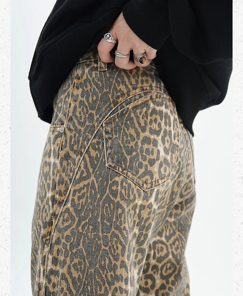 American Retro Leopard High Waist Baggy Jeans Womens Casual Pockets Hip-hop Pants 2024 Spring Y2K Oversize Panther Denim Trouser