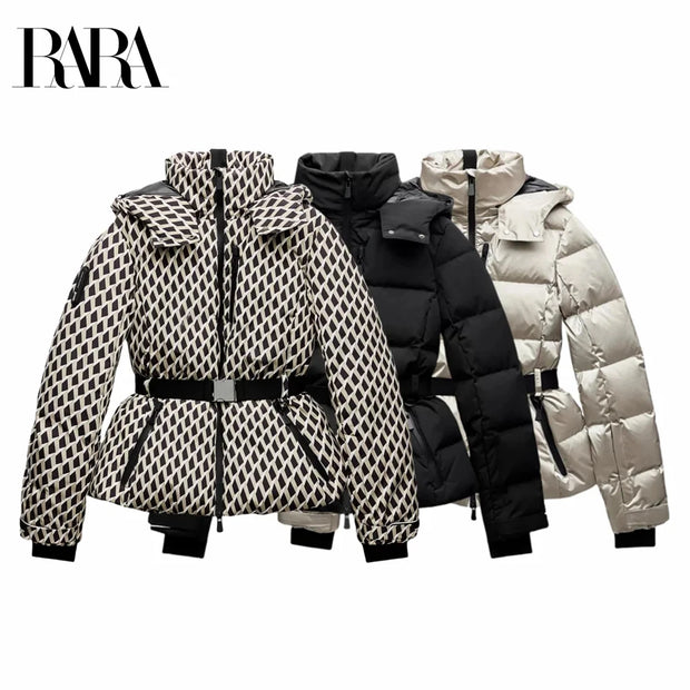 2025 RARA new women's fashion waist with belt hooded down cotton jacket commuting warm windproof jacket more comfortable to wear