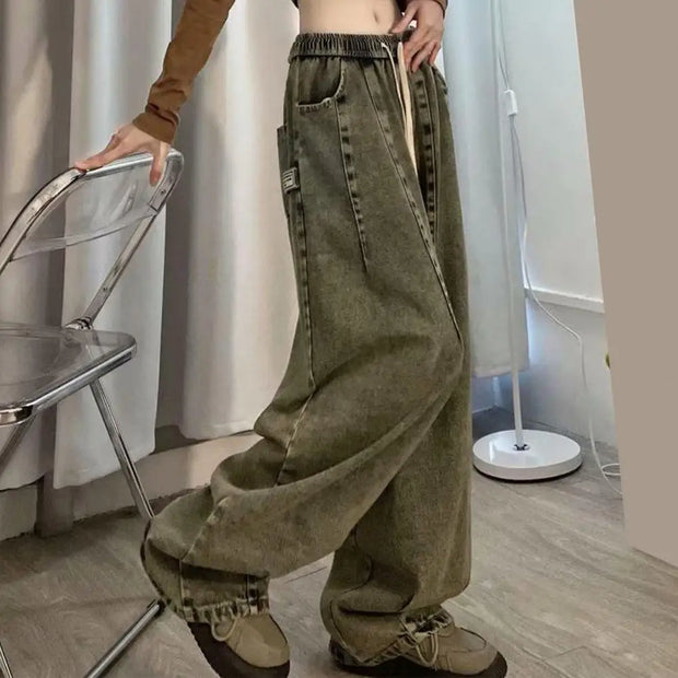 Unisex Denim Jeans Loose Jeans Vintage Wide Leg Denim Jeans with Elastic Waist Crotch Pockets Women's Streetwear Fashion for Hop