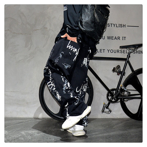 American Hip Hop Baggy Jeans Mens Clothing Streetwear Paint Graffiti Black Skateboard Street Dance Pants Kpop Denim Trousers