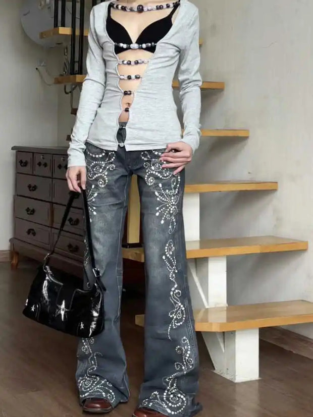Women Harajuku Flare Jeans Grunge Japanese Harajuku Gyaru Y2K Denim Pants Cyber Punk Hip-pop 2000s Aesthetic Bell-Bottom Trouser