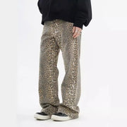 American Retro Leopard High Waist Baggy Jeans Womens Casual Pockets Hip-hop Pants 2024 Spring Y2K Oversize Panther Denim Trouser
