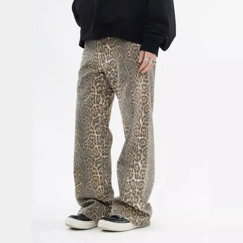 American Retro Leopard High Waist Baggy Jeans Womens Casual Pockets Hip-hop Pants 2024 Spring Y2K Oversize Panther Denim Trouser
