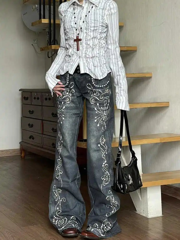 Women Harajuku Flare Jeans Grunge Japanese Harajuku Gyaru Y2K Denim Pants Cyber Punk Hip-pop 2000s Aesthetic Bell-Bottom Trouser