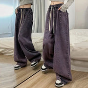 Unisex Denim Jeans Loose Jeans Vintage Wide Leg Denim Jeans with Elastic Waist Crotch Pockets Women's Streetwear Fashion for Hop