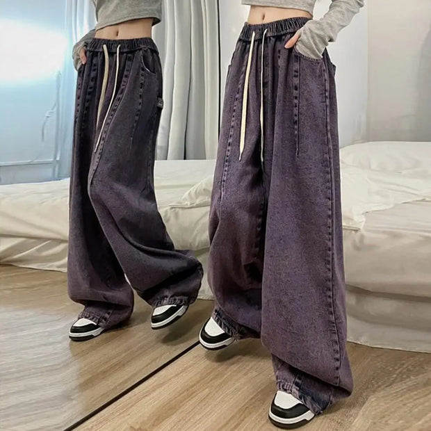 Unisex Denim Jeans Loose Jeans Vintage Wide Leg Denim Jeans with Elastic Waist Crotch Pockets Women's Streetwear Fashion for Hop