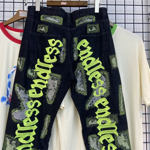 Letter Embroidery Jeans for Men High Street Gothic Style Streetwear Men Straight Baggy Causal Denim Trousers Unisex Spring