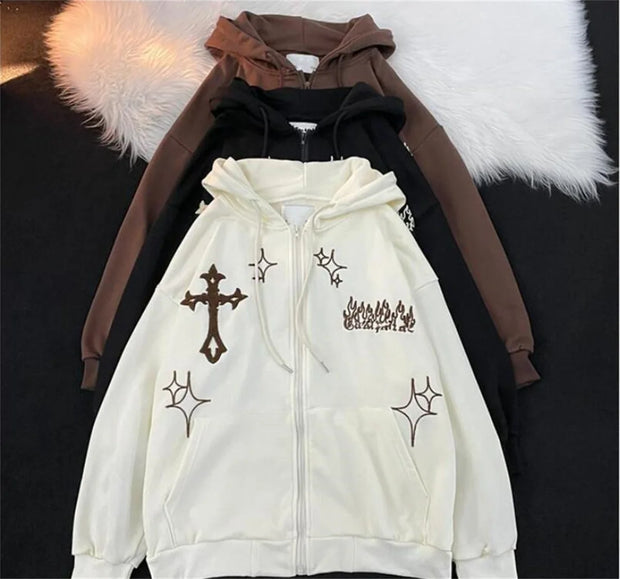 Embroidered Vintage Cardigan Jacket Autumn Winter Hip Hop Hoodie Men and Women Y2K Coat Goth High Street Retro Hoodies Loose Top