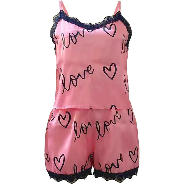 New Ladies Cute Sexy Printed Pajamas 2-Piece Spring/Summer Home Wear Fashion Lace Patchwork Suspenders Set