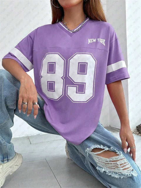 New York Number 89 TShirt For Men Women Striped V-Neck Tee Summer Oversized Harajuku Trend Short Sleeve Streetwear Tops Unisex