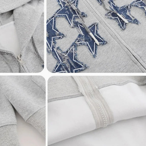 MWJQ American Retro Patch Embroidery Male Hooded Sweatershirt High Street Zipper Oversize Trend Black Casual Men's Tops 010204