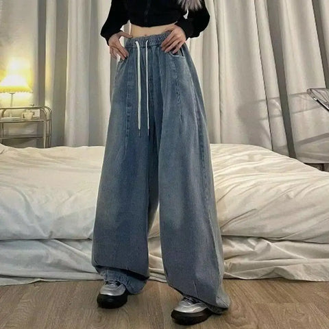 Unisex Denim Jeans Loose Jeans Vintage Wide Leg Denim Jeans with Elastic Waist Crotch Pockets Women's Streetwear Fashion for Hop