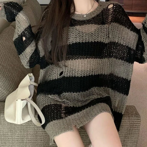 Korean Loose Hole Hollow Out Sweaters Spring Autumn Women's Clothing New Fashionable Trend Long Sleeve Striped Knitted Pullover