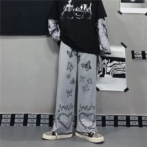 Japanese Y2k Oversize Graphic Wide Sweatpants Men Streetwear Print Casual Track Pants Male Sport Straight Trousers