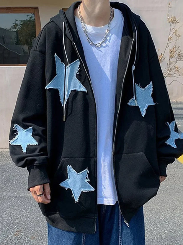 Y2k Hip Hop Women's Star Patch Zip Up Hoodie for Women Oversized Sweatshirt Jacket E-Girl 90s Pullover Gothic Streetwear