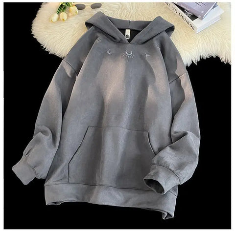 Men's hooded sweatshirt, oversized baggy sweater with Gothic star logo, American hip hop fashion sweatshirt, gray, winter