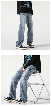 Jeans for Men Patchwork Letter Hip Hop Straight Wide Leg Fashion High Street Y2k Harajuku Do-old Popular Shopper Gradient Baggy
