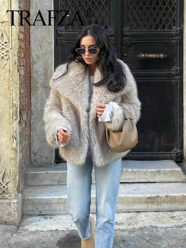 TRAFZA Women Fashion Cropped Faux Fur Jacket Coat Long Sleeve Front Snap-button Female Outerwear Chic Lapel Collar Thick Coat