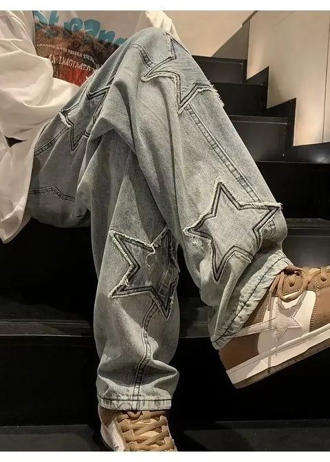 American High Street Style Men's Jeans Autumn Winter Straight Leg Loose Floor-Length Wide Leg Pants Casual Fashion