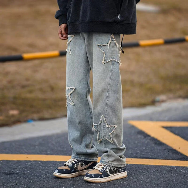 Hip Hop High Street Baggy Denim Trousers 2025 Men Star Embroidery Straight Casual Jeans Male New Fashion Straight Wide Leg Jeans