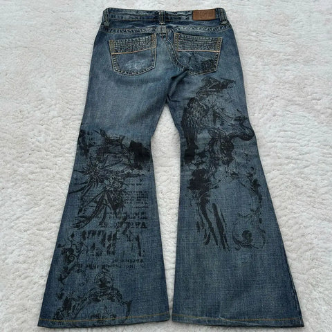Harajuku Retro Graffiti Women's Jeans Goth Hip Hop High Waist Punk Fashion Y2K Flare Pants High Quality Design Sense Trousers