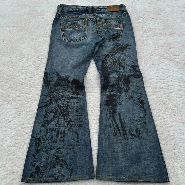 Harajuku Retro Graffiti Women's Jeans Goth Hip Hop High Waist Punk Fashion Y2K Flare Pants High Quality Design Sense Trousers