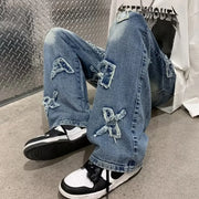 Jeans for Men Patchwork Letter Hip Hop Straight Wide Leg Fashion High Street Y2k Harajuku Do-old Popular Shopper Gradient Baggy
