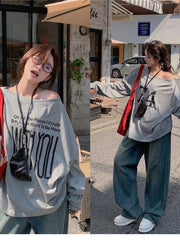 T-Shirts Women Off-shoulder Loose Fit Lazy Style All-match Young Students High Street Korean Fashion Spring Daily Tops Trendy