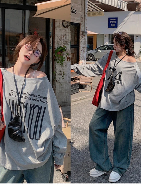 T-Shirts Women Off-shoulder Loose Fit Lazy Style All-match Young Students High Street Korean Fashion Spring Daily Tops Trendy