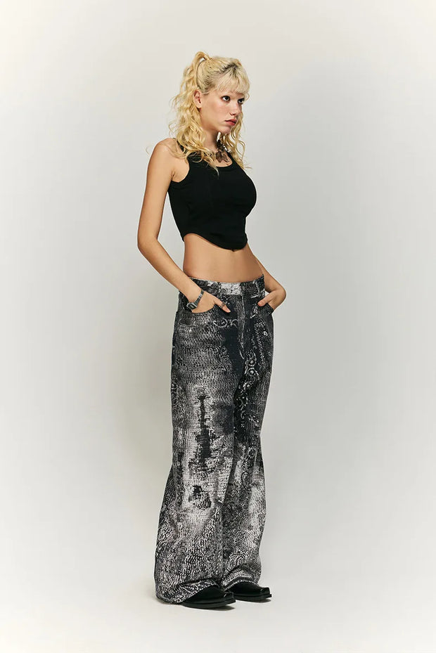Retro Cashew Flower Digital Print Jeans Y2k Men’s Jeans Men Clothing Distressed Pants