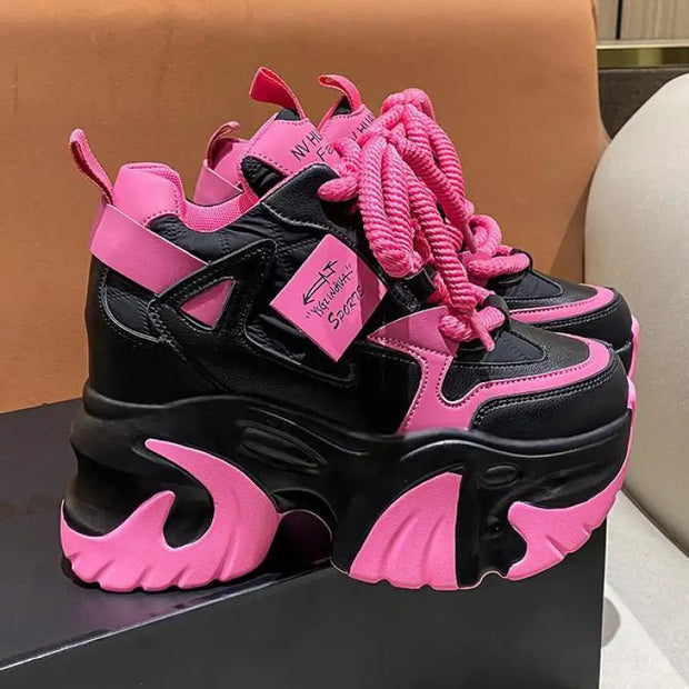 Pink Platform Sneakers Women Thick Sole Korean Chunky Sneakers 2025 Fashion Dad Shoes Woman Spring Height Increasing Sneakers