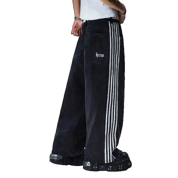American Harajuku Style Baggy Jeans Y2K Streetwear Striped Denim Pant Men Women Casual Wide Leg Trousers Trendy High Street Pant
