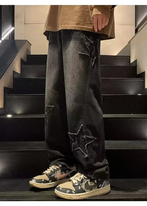 American High Street Style Men's Jeans Autumn Winter Straight Leg Loose Floor-Length Wide Leg Pants Casual Fashion